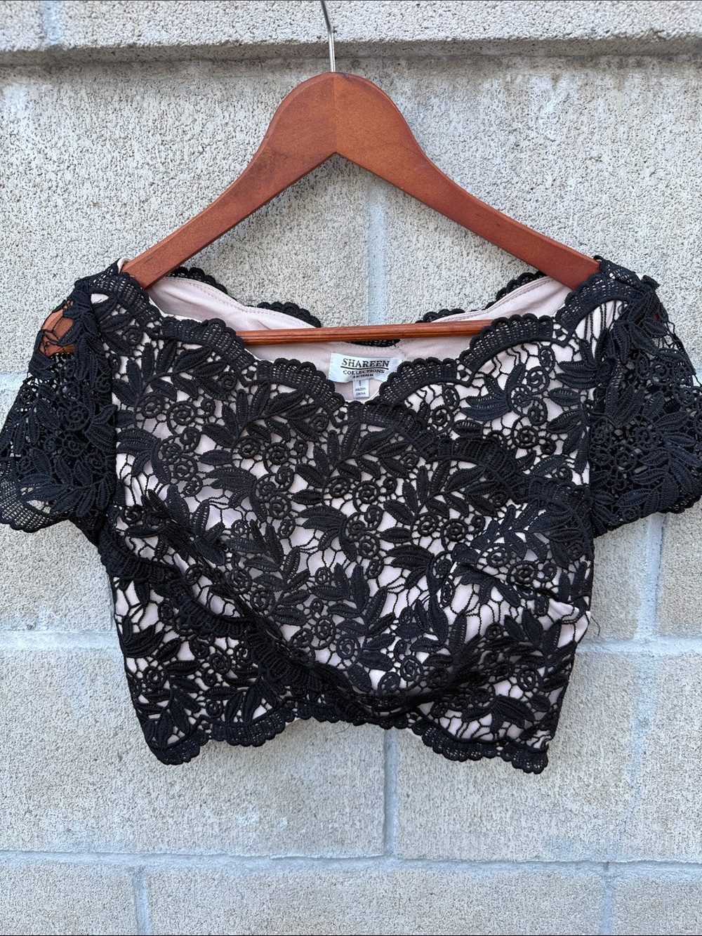 Black Lace Overlay Crop Top with Nude Lining